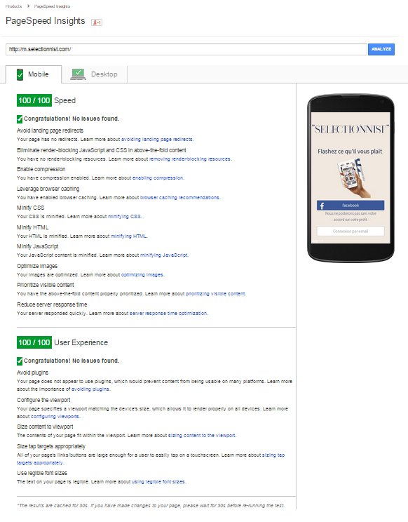 example of a 100% page speed for m.selectionnist.com